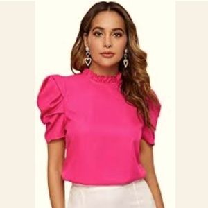 SHEIN Privé Top High Neck Puffed Sleeve Plain Size M